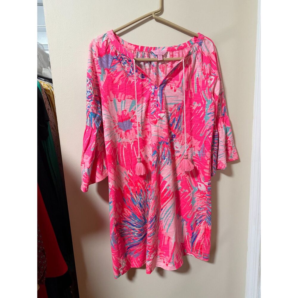 Lilly Pulitzer XS Pink Tropical Print Tunic Tassel Tie Bell Sleeve Top Resort